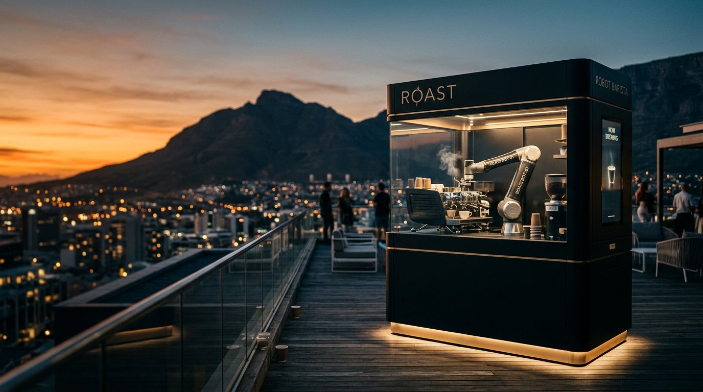 Veloce Barista robot kiosk overlooking Table Mountain at dusk