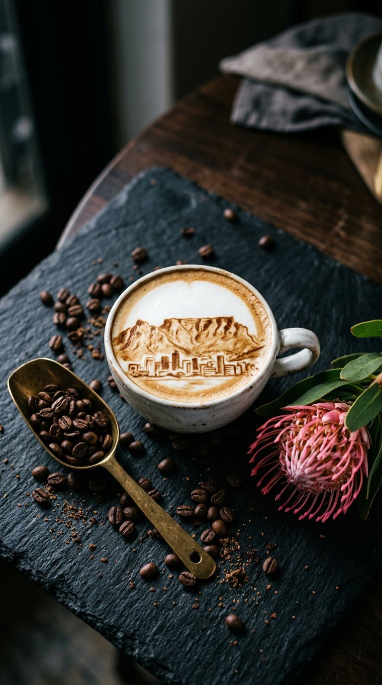 Café latte with Table Mountain printed into the foam