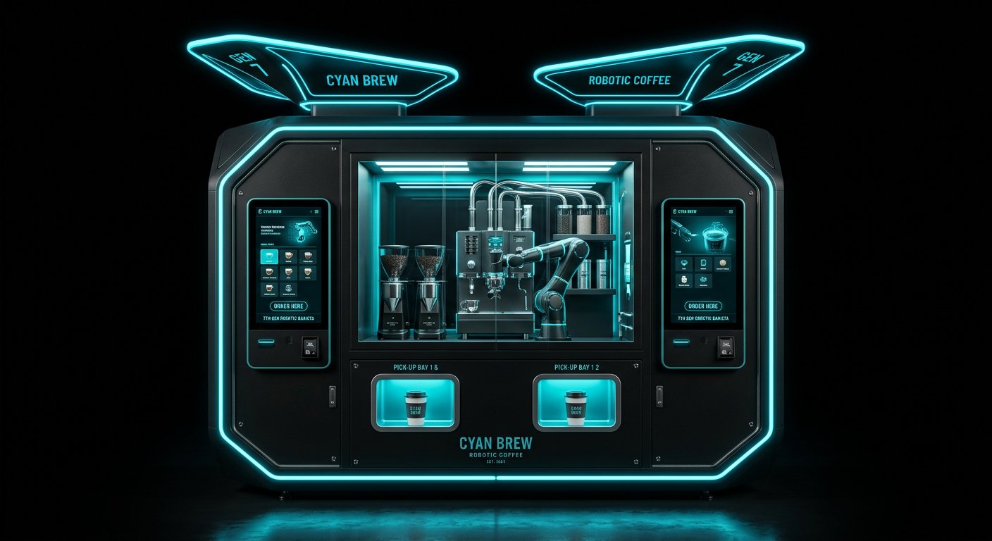 7th-generation robot barista kiosk with neon lighting